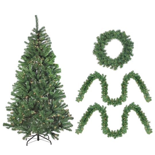 Pre-Lit 4-Piece Winter Spruce Artificial Christmas Tree, Garland & Wreath Set, Clear Lights By Northlight in Green | Michaels®